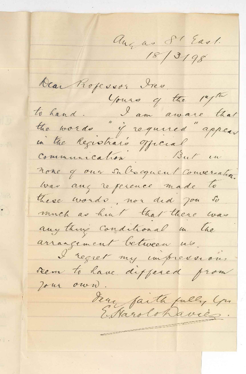 E Harold Davies - Adelaide - Concerning Application as Extra Teacher