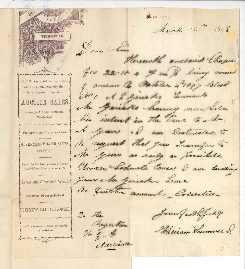 William Summers - Terowie - Requesting that Gerickes lease be transferred to A Gurr