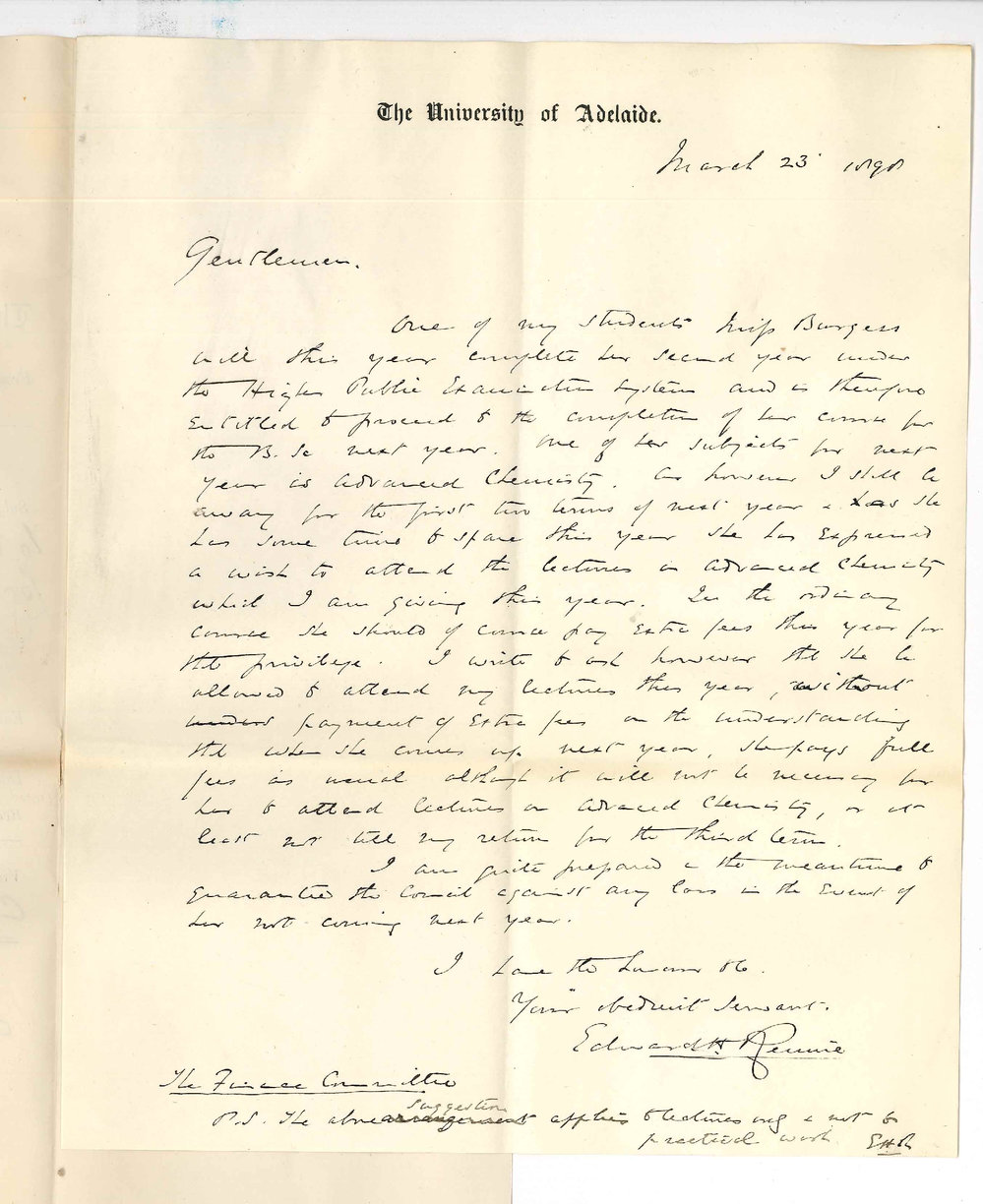 Professor Edward Henry Rennie - Request for Miss Burgess to be allowed to attend Lectures on Advanced Chemistry