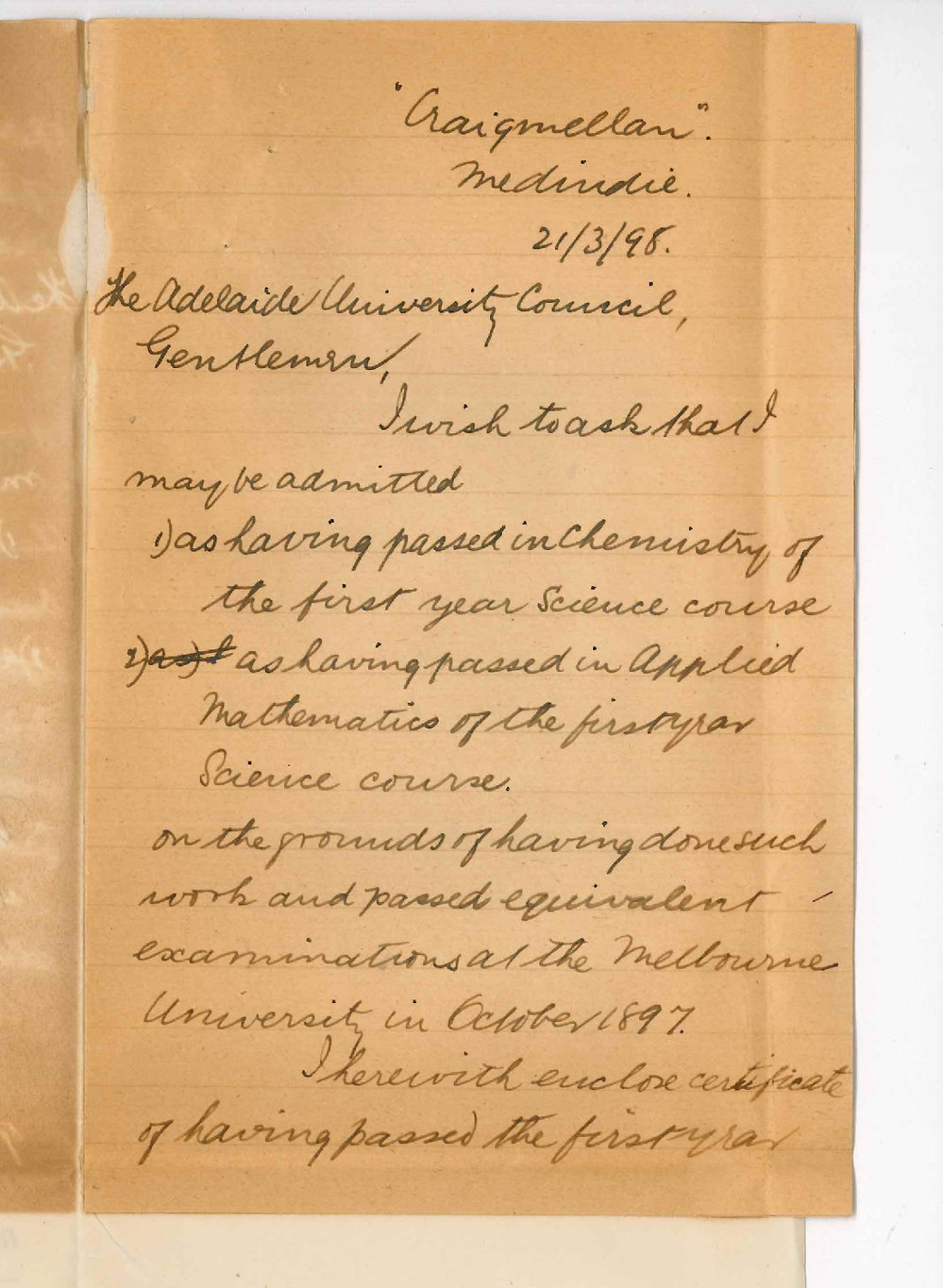 G Alfred Hancock - Adelaide - Request to be admitted as having passed 1st Year BSc Course