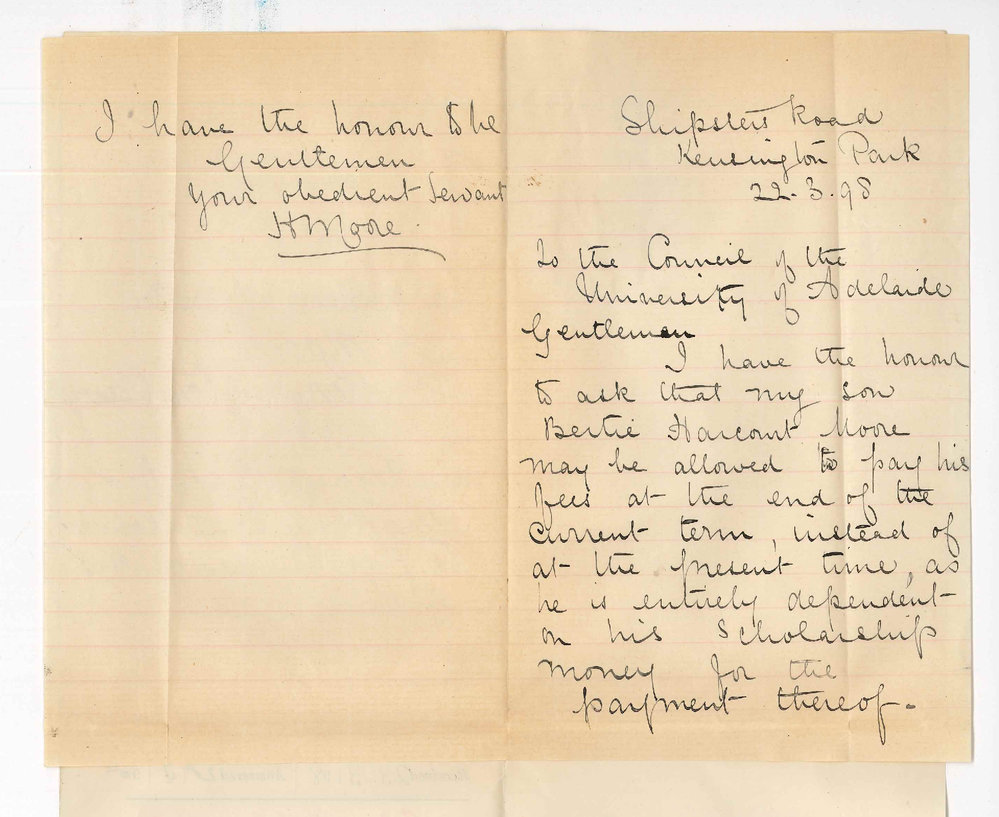 H Moore - Kensington Park - Request that his son Bertie H Moore may be allowed to pay his fees at end of Term