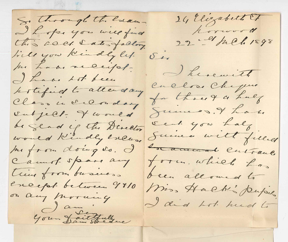 Miss Jane Greene - Norwood - Enclosing fees for Music and deducting the Entrance Exam fee