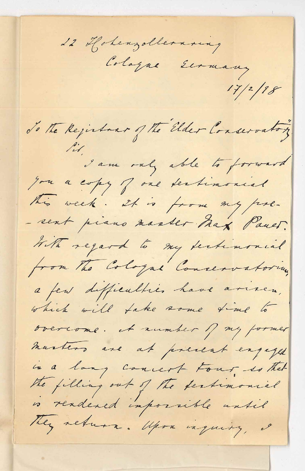 Mr J H McMenemin - In support of Application for position of Piano Forte Teacher