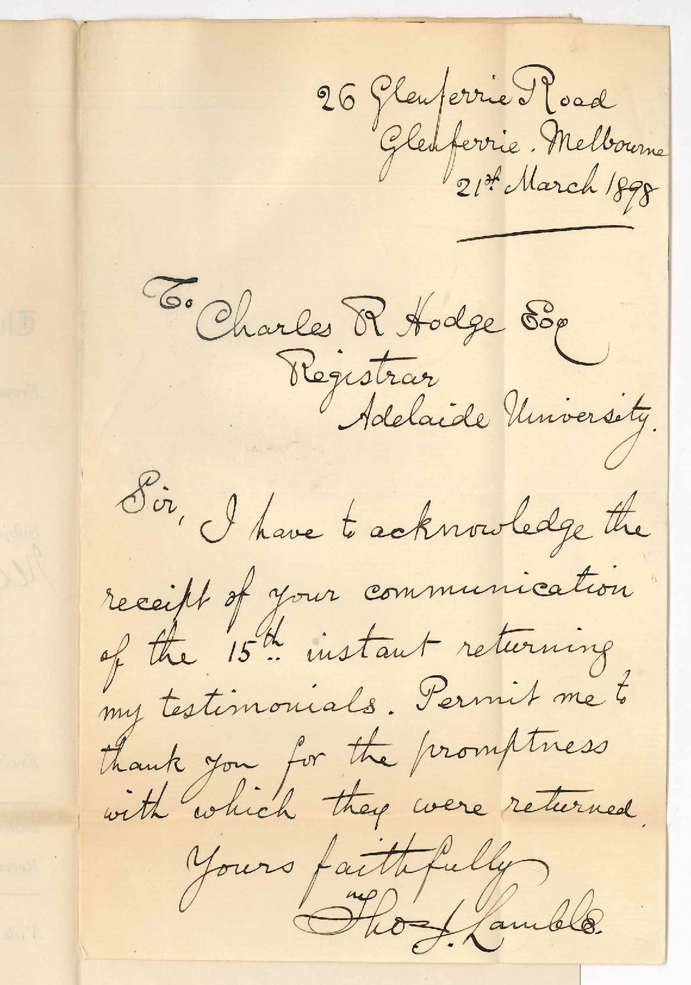 Thomas J Lamble - Glenferrie - Acknowledging receipt of Testimonials