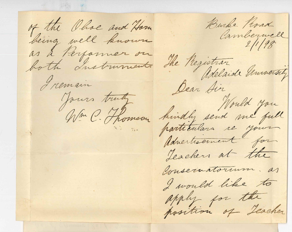 William C Thomson - Camberwell - Particulars duties etc Teacher Oboe and Horn