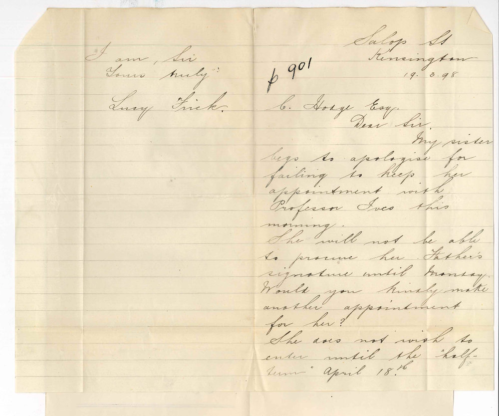 Miss Lucy Frick - Kensington - Wishes to make another Appointment with Professor Joshua Ives