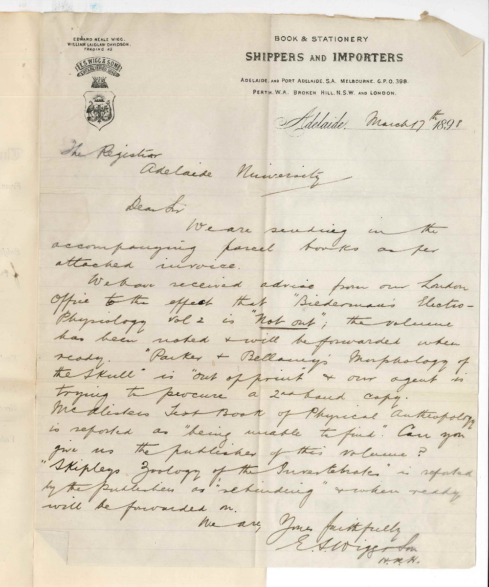 E S Wigg and Son - Adelaide - Concerning Orders for Books