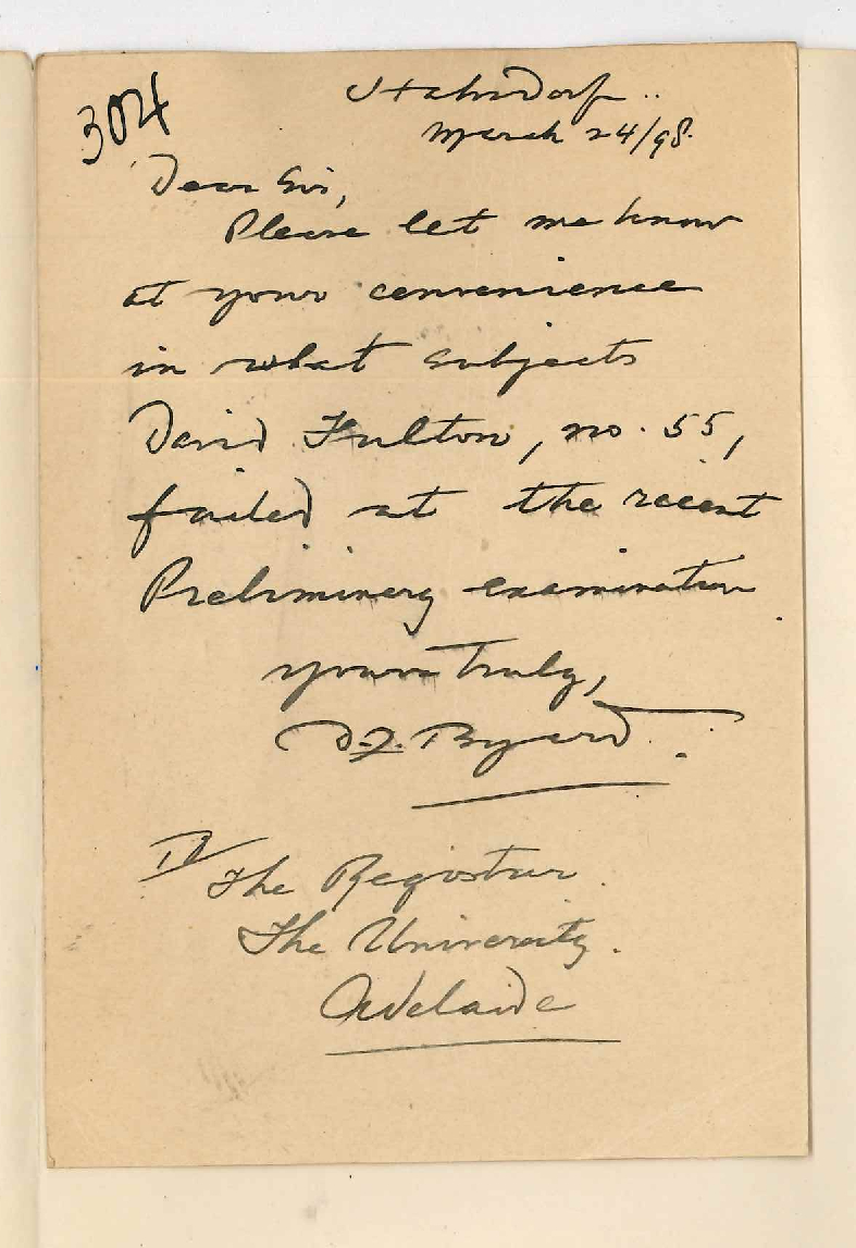 Douglas John Byard - Hahndorf - Asking in what subject No 55 failed in Preliminary Exam