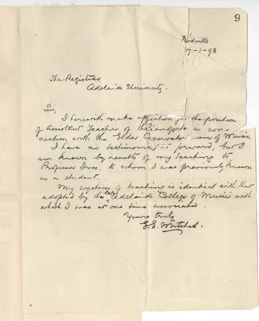 E E Mitchell - Woodville - Application for extra teacher of pianoforte for the Conservatorium