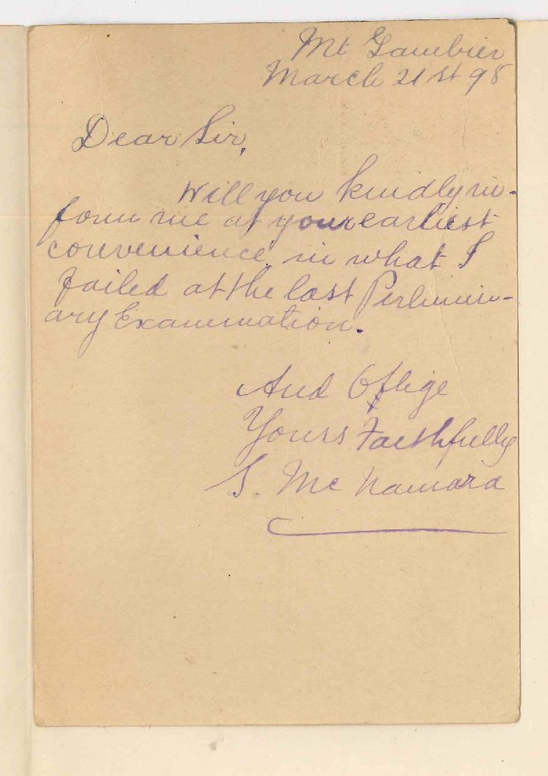 S McNamara - Mount Gambier - In what subject failed at March Preliminary