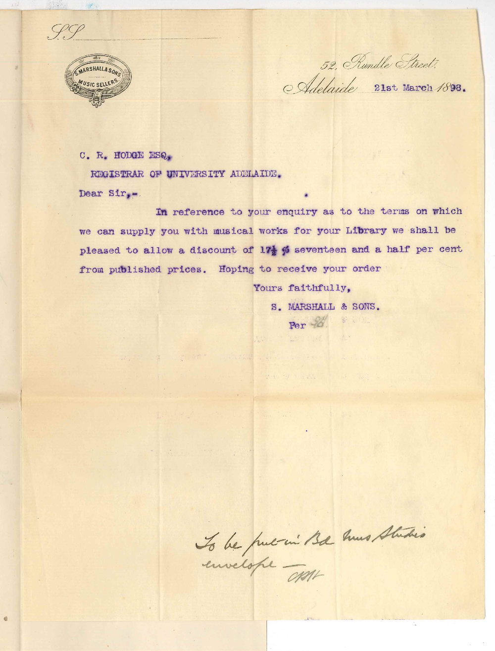 S Marshall and Sons - Adelaide - Offer to supply Musical Works