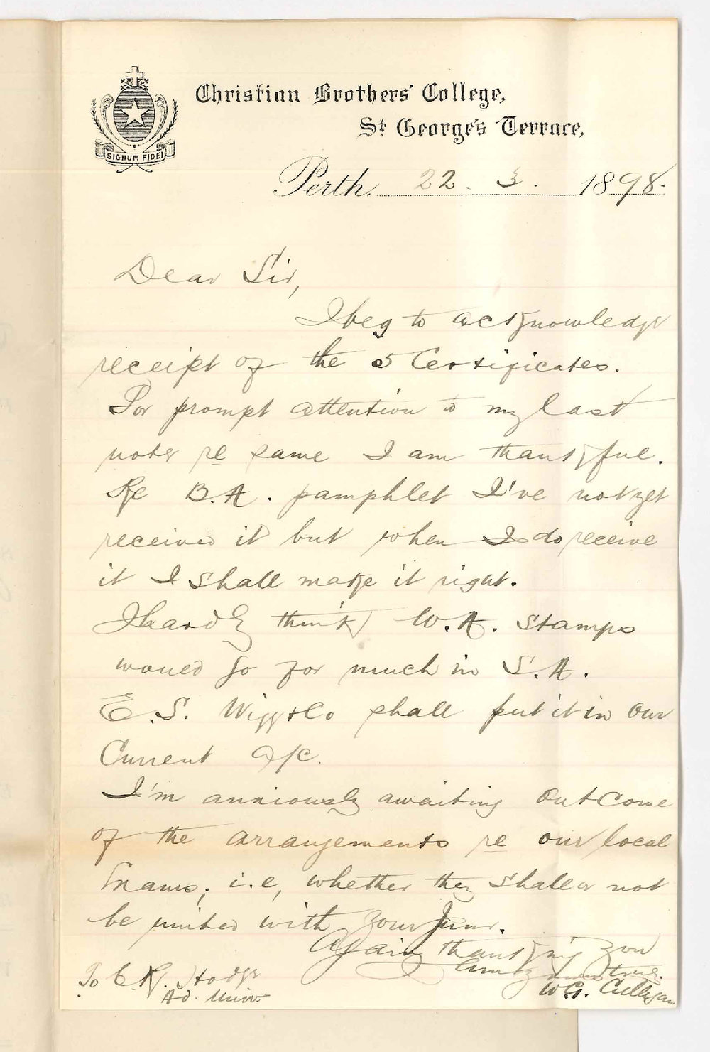 Reverend W G Culligan - Perth - Acknowledging receipt of 5 Certificates