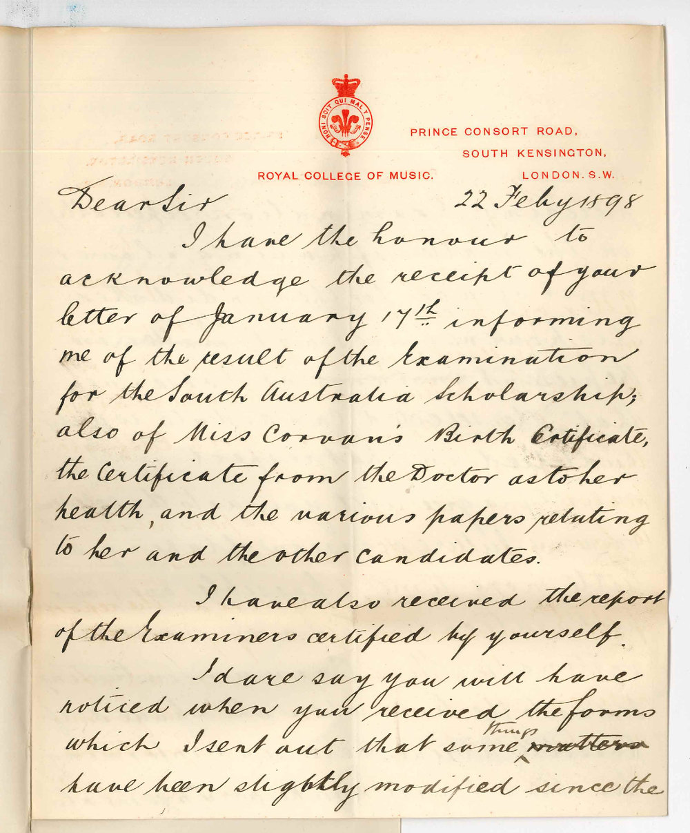 Frank Pownall - Royal College of Music - Relating to Miss Corvans Appointment to South Australian Scholarship