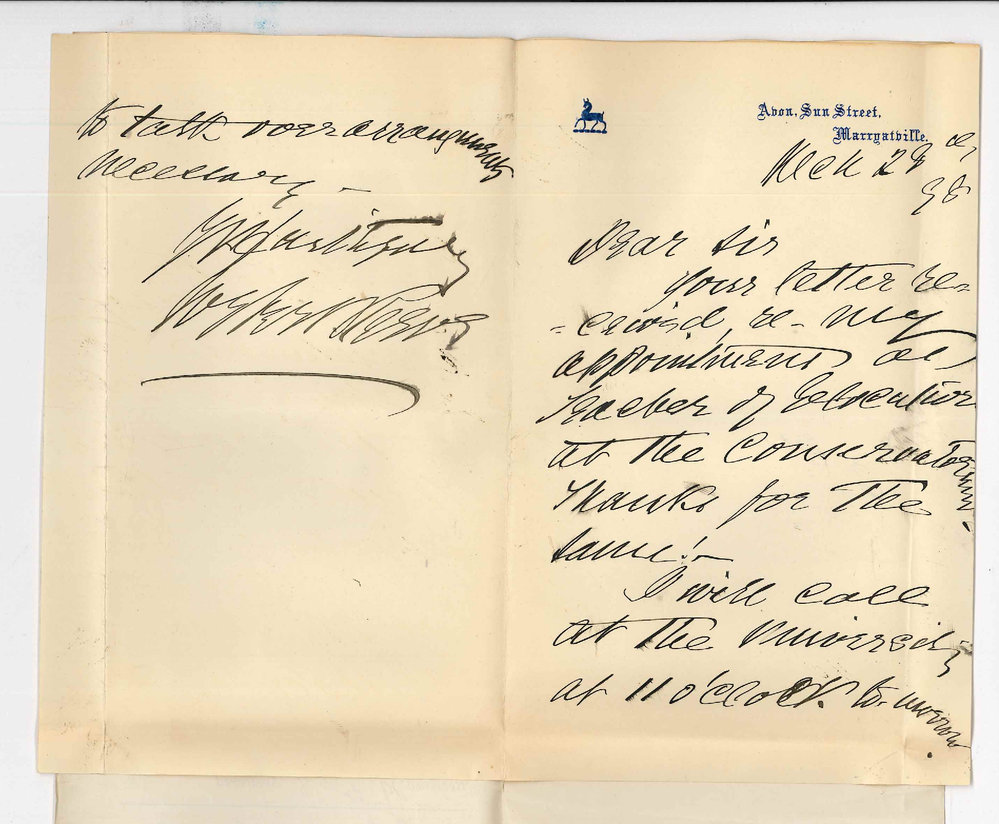 Wybert Reeve - Marryatville- Accepts Appointment as Teacher of Elocution with thanks