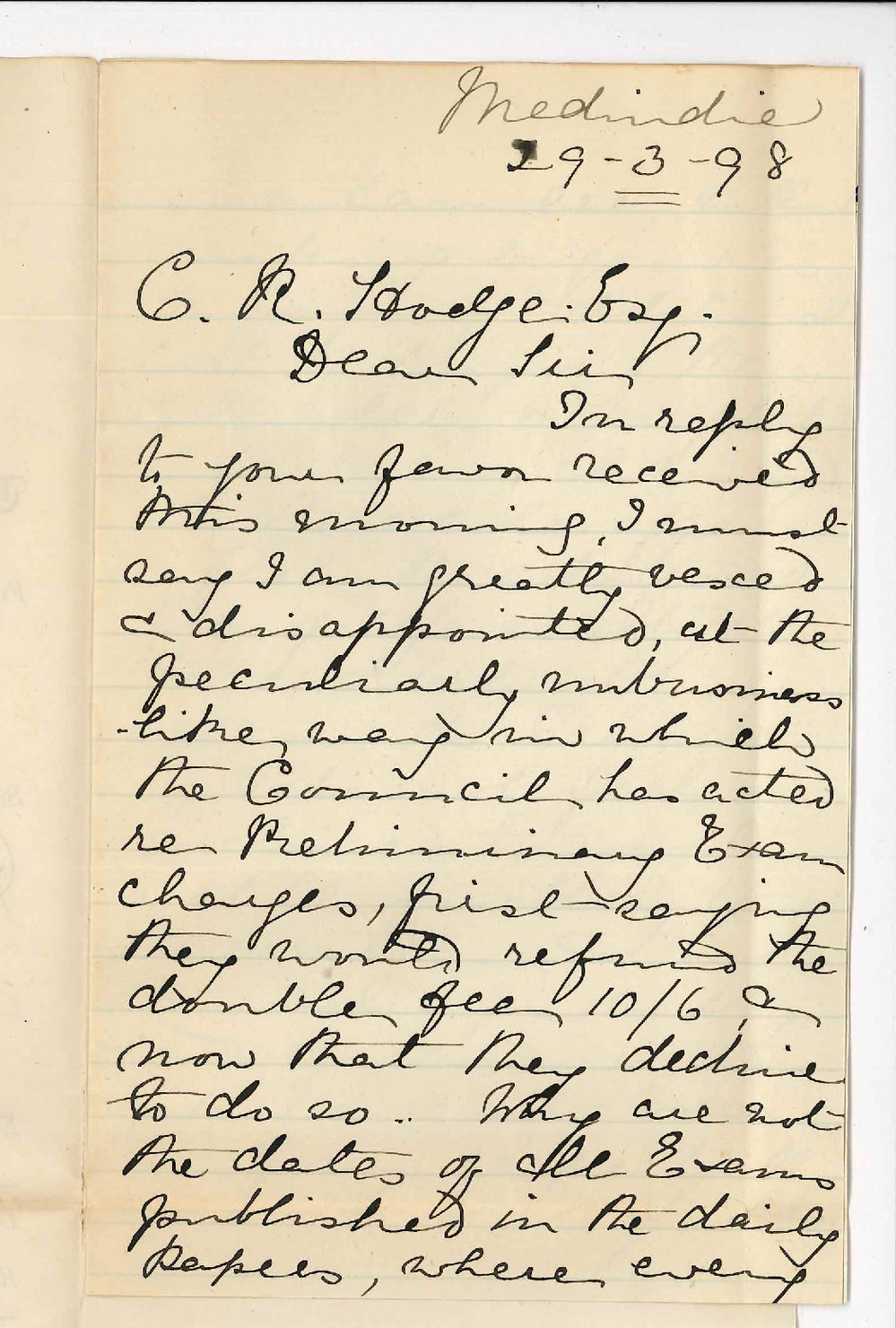 Mrs K N Bignell - Medindie - Concerning late fee Preliminary March 1898