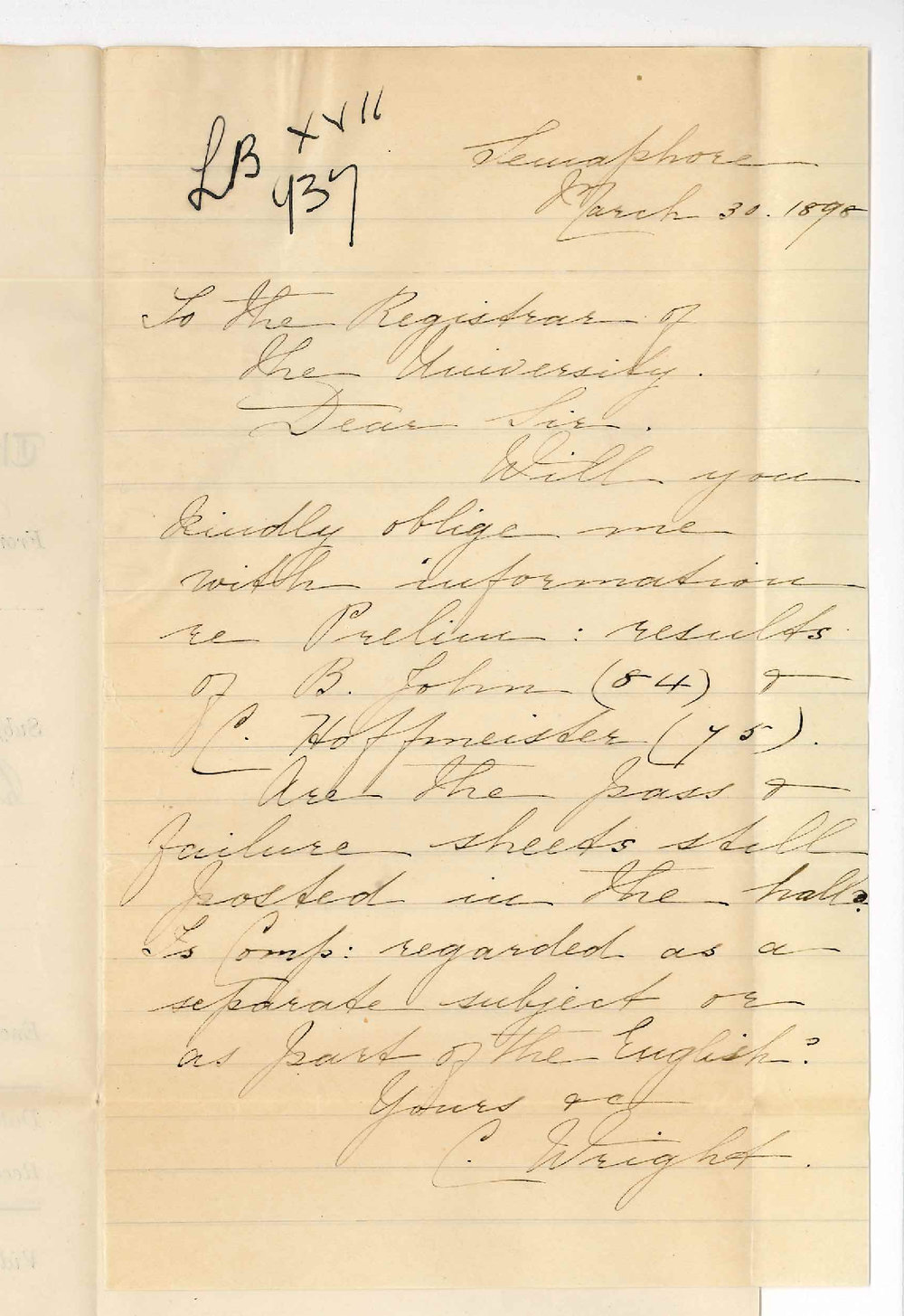 Miss C Wright - Semaphore - Preliminary results B John 84 and C Hoffmeister 75