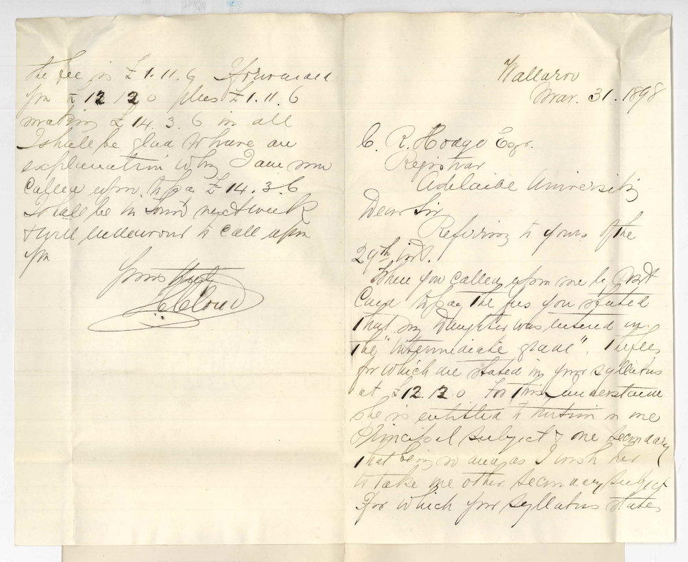 Thomas Charles Cloud - Wallaroo Bay - Concerning Miss Clouds Conservatorium fees