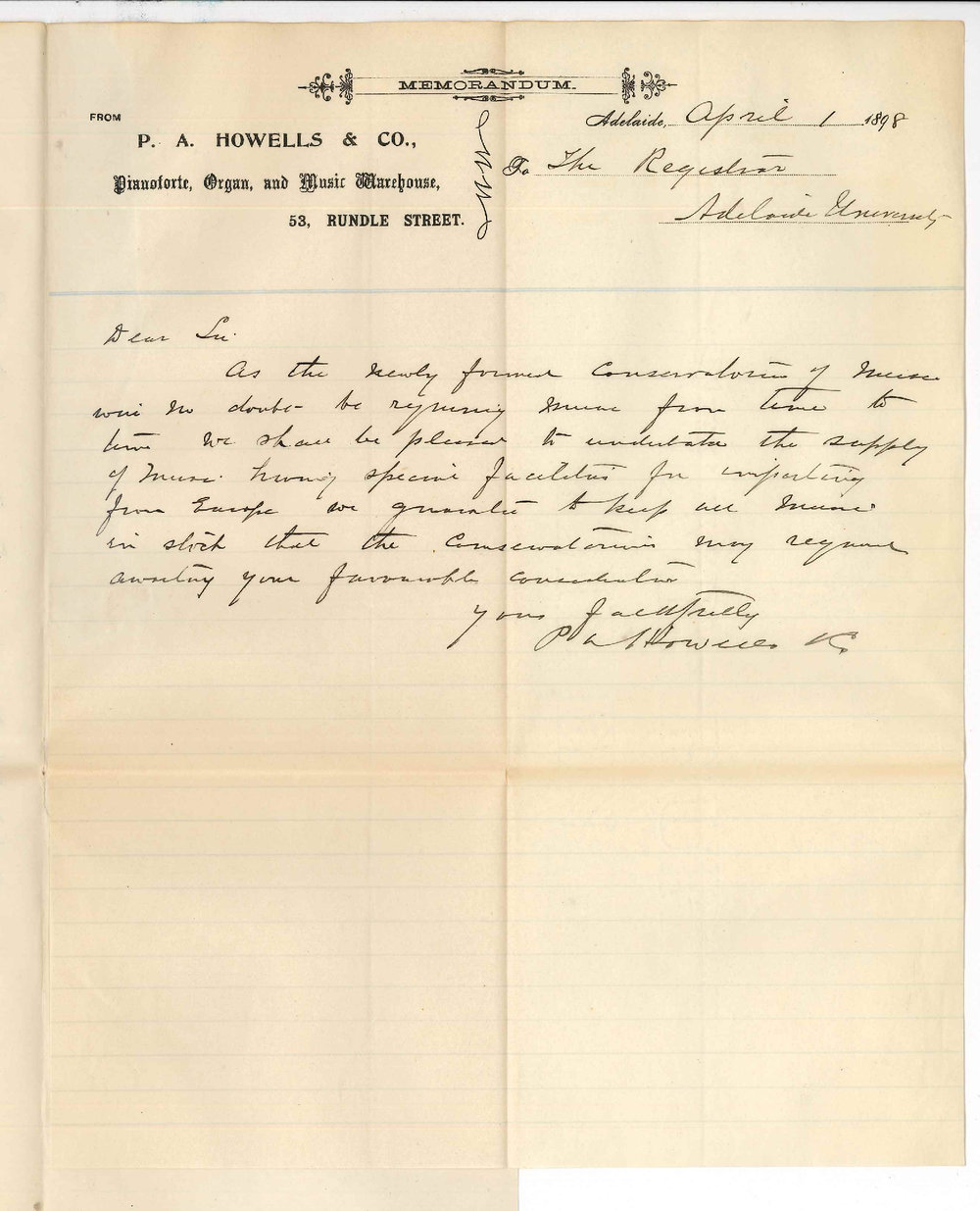 P A Howells and Company - Adelaide - Offering to supply Music to Conservatorium