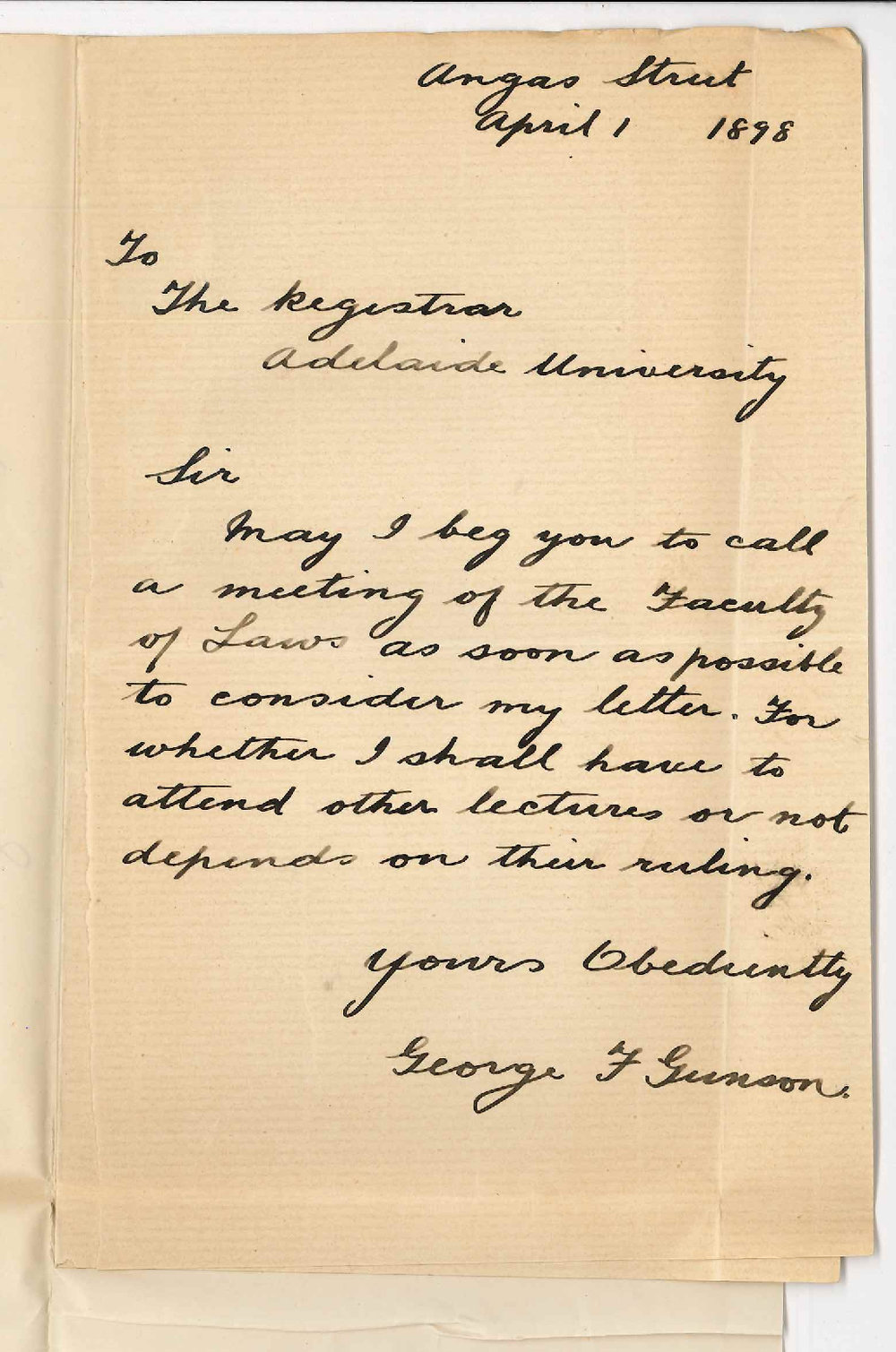 George F Gunson - Angas Street - Concerning the LLB Course
