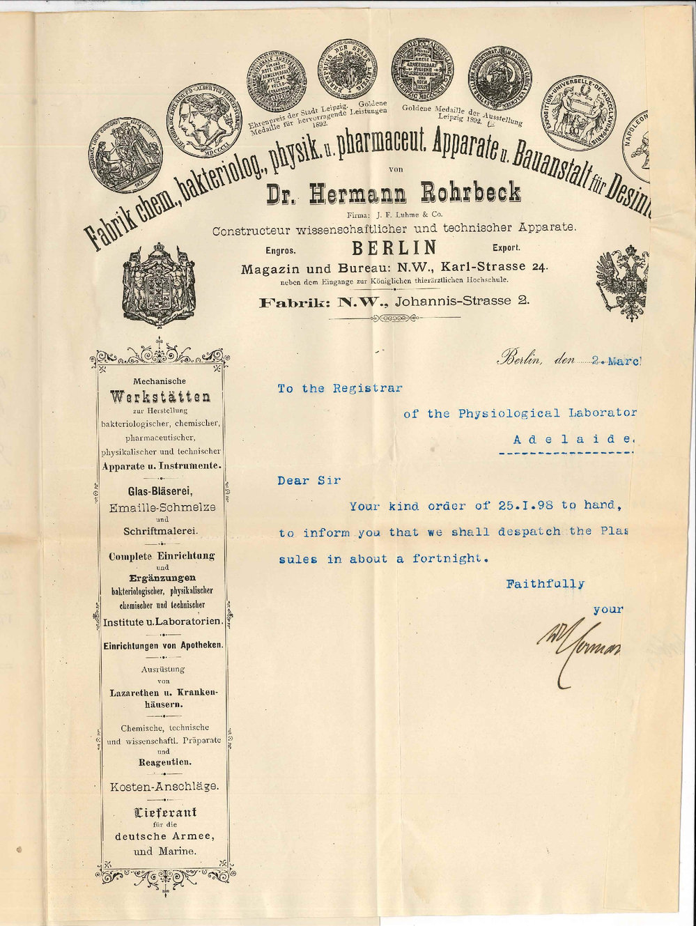 Dr Hermann Rohrbeck - Berlin - Acknowledging receipt of order which will be dispatched in a fortnight