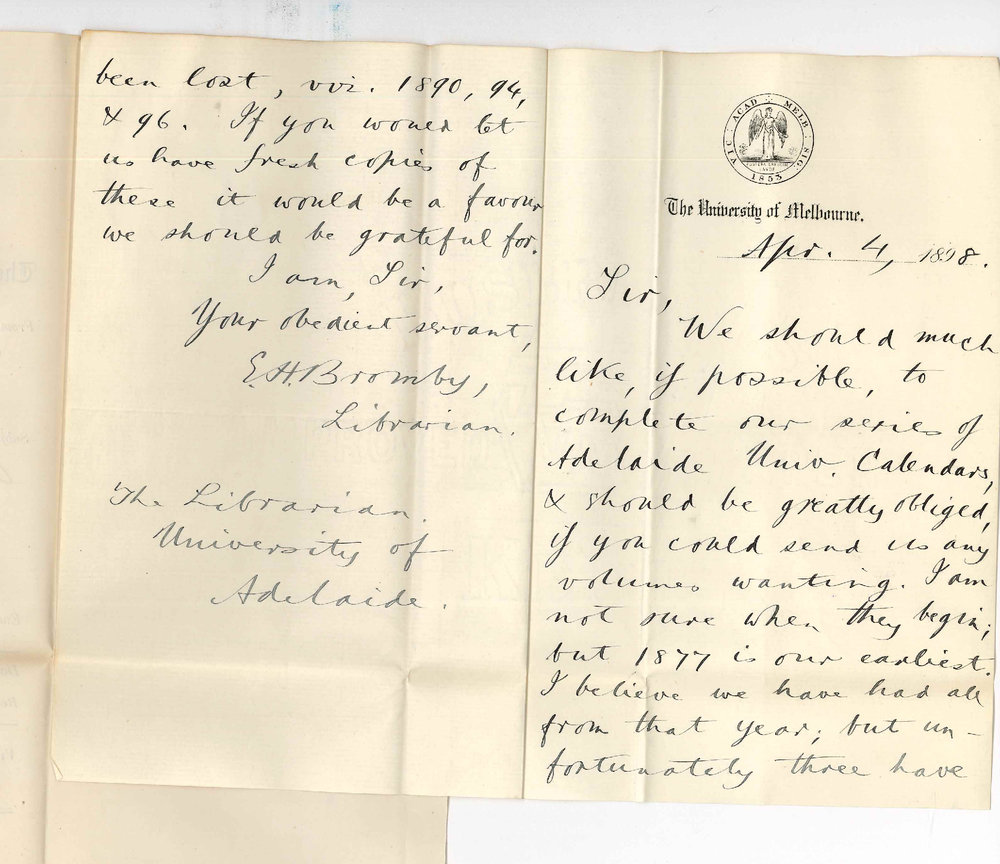 E H Bromby - Librarian University of Melbourne - Asking for copies of Calendars