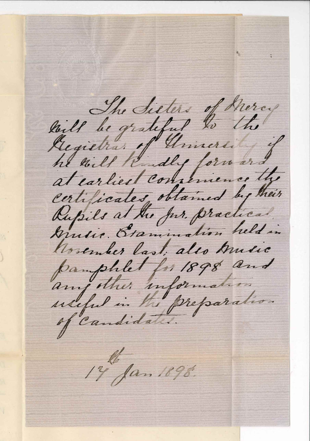 Sisters of Mercy - Broken Hill - Request for Junior Practice Certificates Also Music Pamphlet for 1898