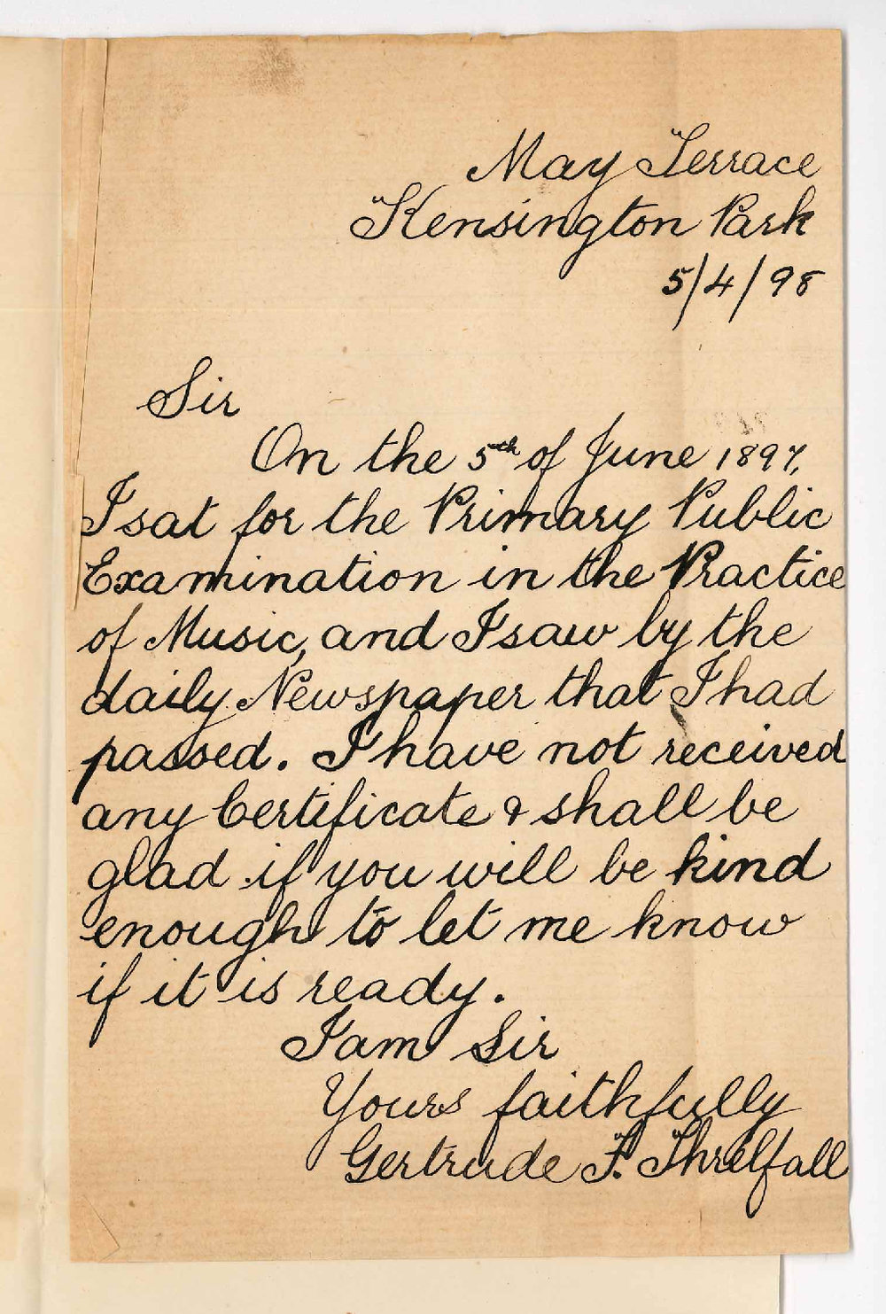 Gertrude Fanny Threlfall - Kensington Park - Asking for Certificate Preliminary Practice of Music