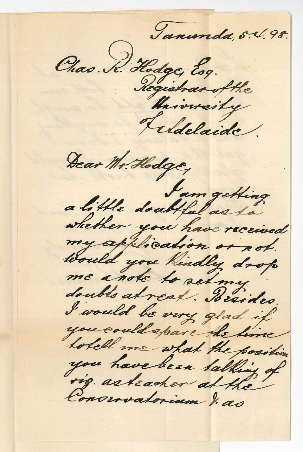 Reverend A Rechner - Tanunda - Asking what the salary for Teacher at the Conservatorium and Lecturer on German would be