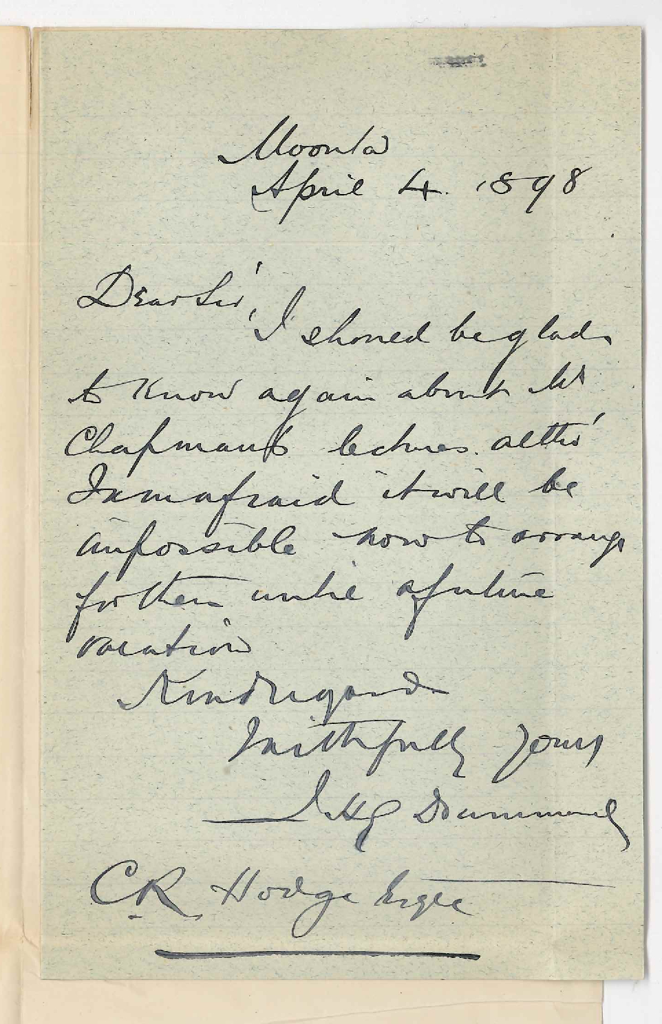 J H G Drummond - Moonta - Concerning Mr Chapmans lectures