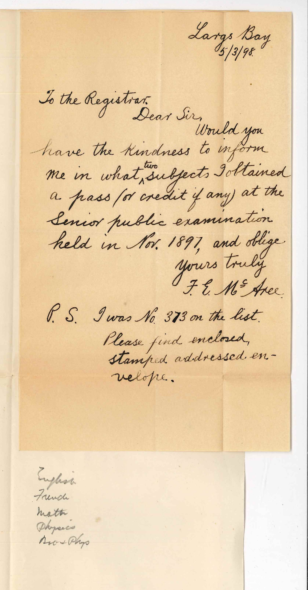 F E McAree - Largs Bay - Asking in what two subjects a pass or credit if any was obtained