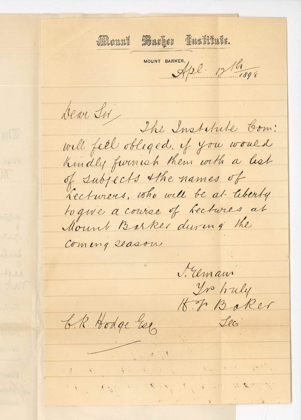 H F Baker - Secretary Mount Barker Institute - Requesting to be furnished with list of subjects and names of Lecturers who will lecture at Mount Barker during coming season