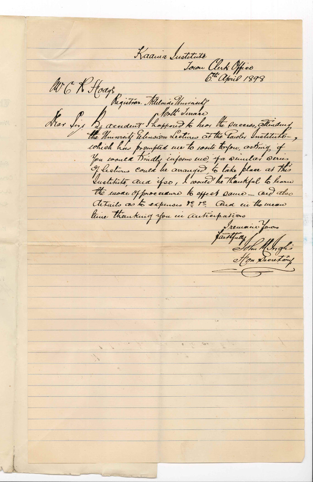 John M Inglis - Honorary Secretary Kadina Institute - Asking if Extension Lectures could be arranged for Kadina and details as to expense