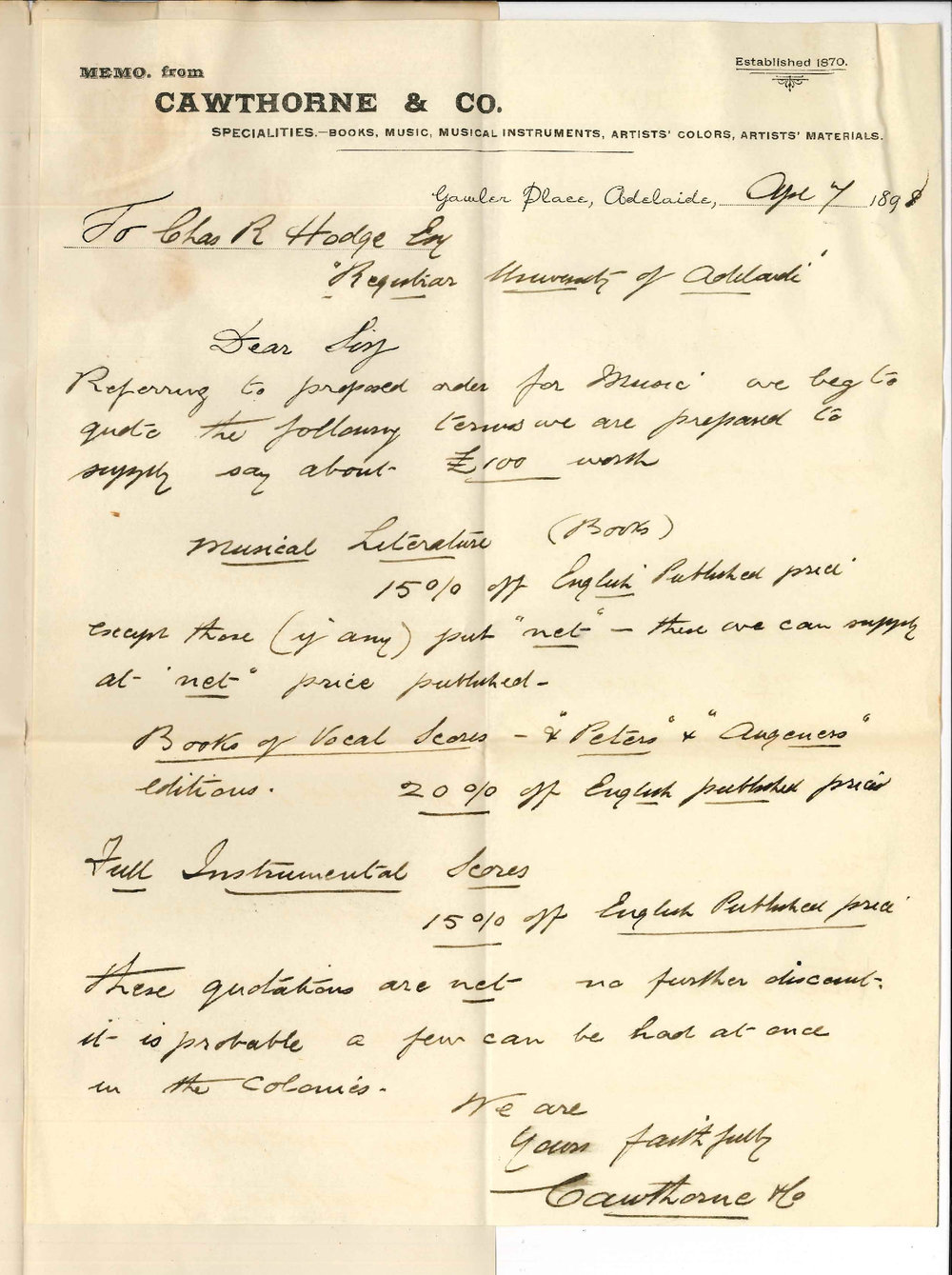 Cawthorne and Company - Adelaide - Terms for importing Books and Music
