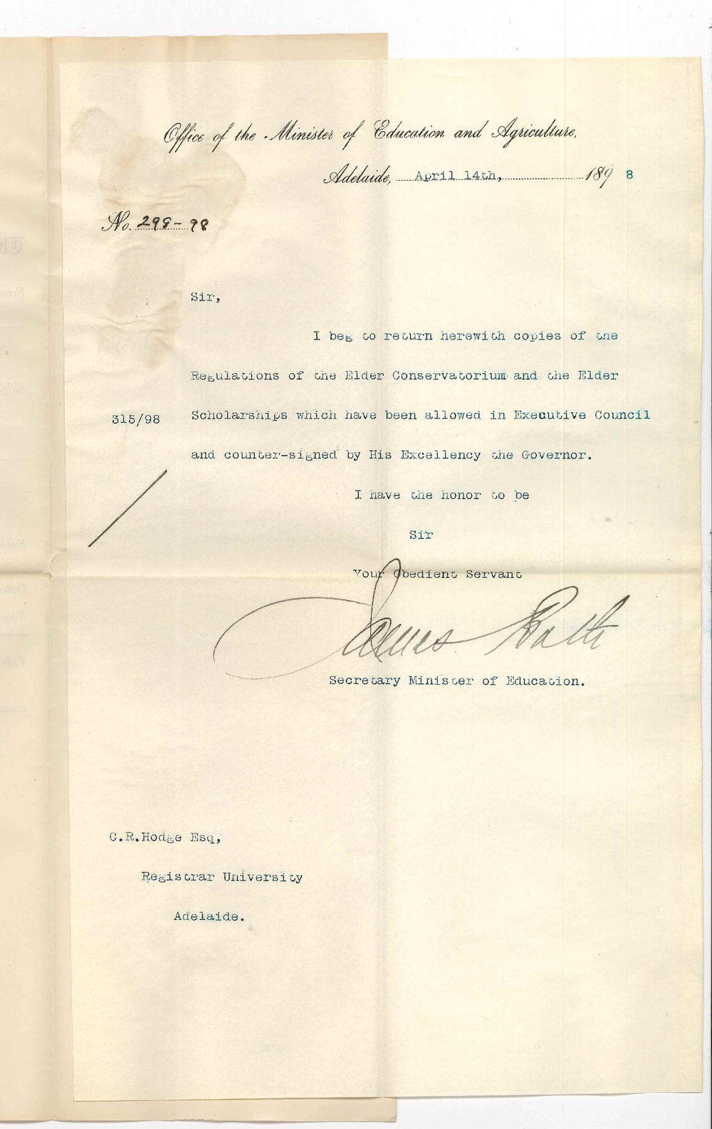 James Bath - Secretary - Minister of Education - Adelaide - Approving Conservatorium Regulations