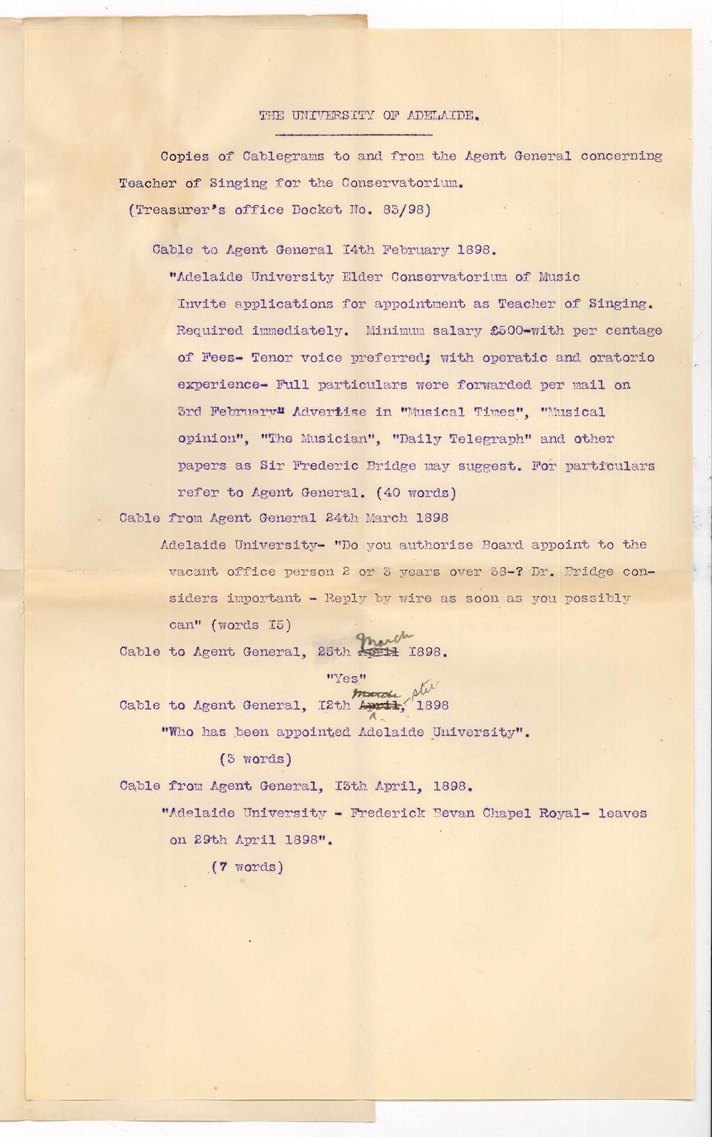 Minister of Education - Adelaide - Cablegrams re Teacher of Singing for Conservatorium