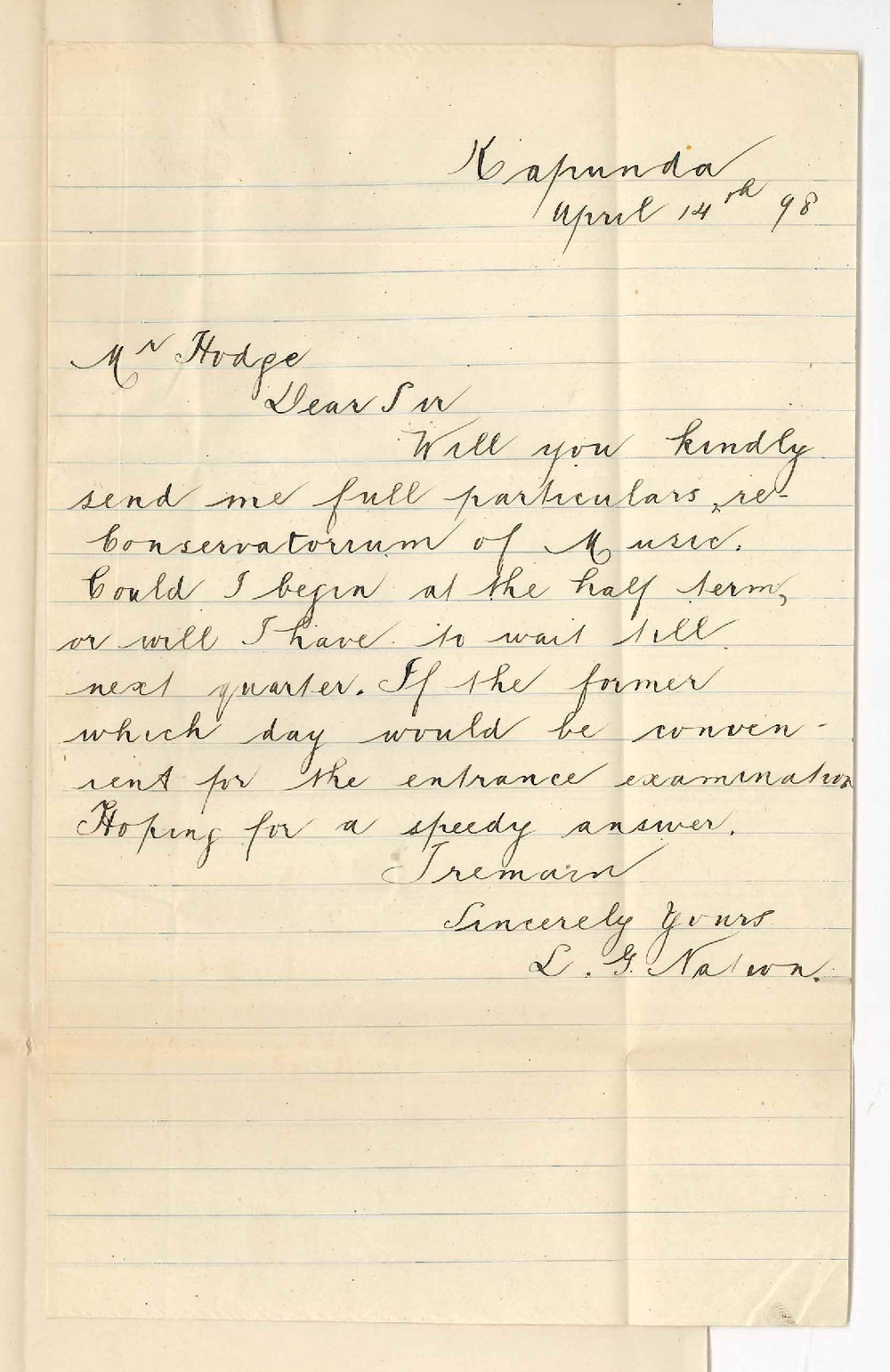 Miss L G Nation - Kapunda - Information about Conservatorium