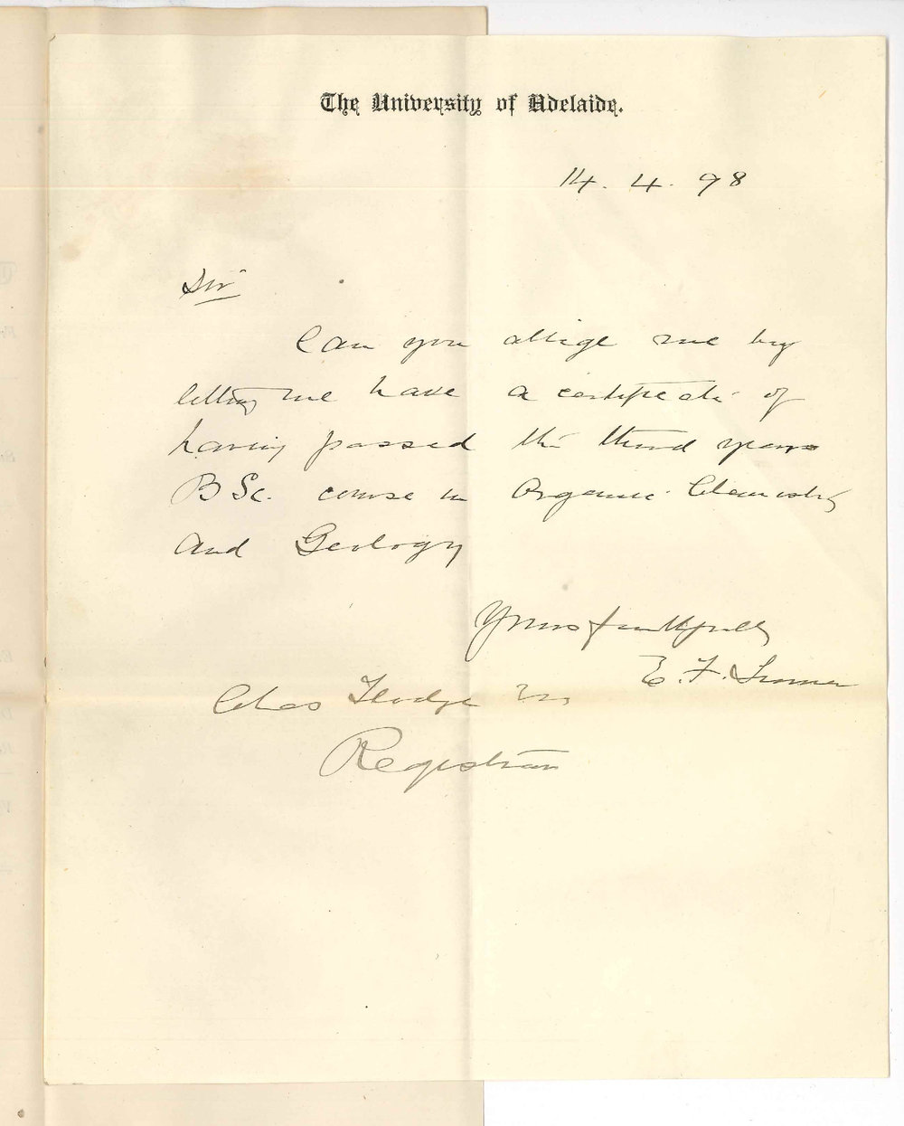 Ernest F Turner - University - Asking for Certificate 3rd Year BSc Examination