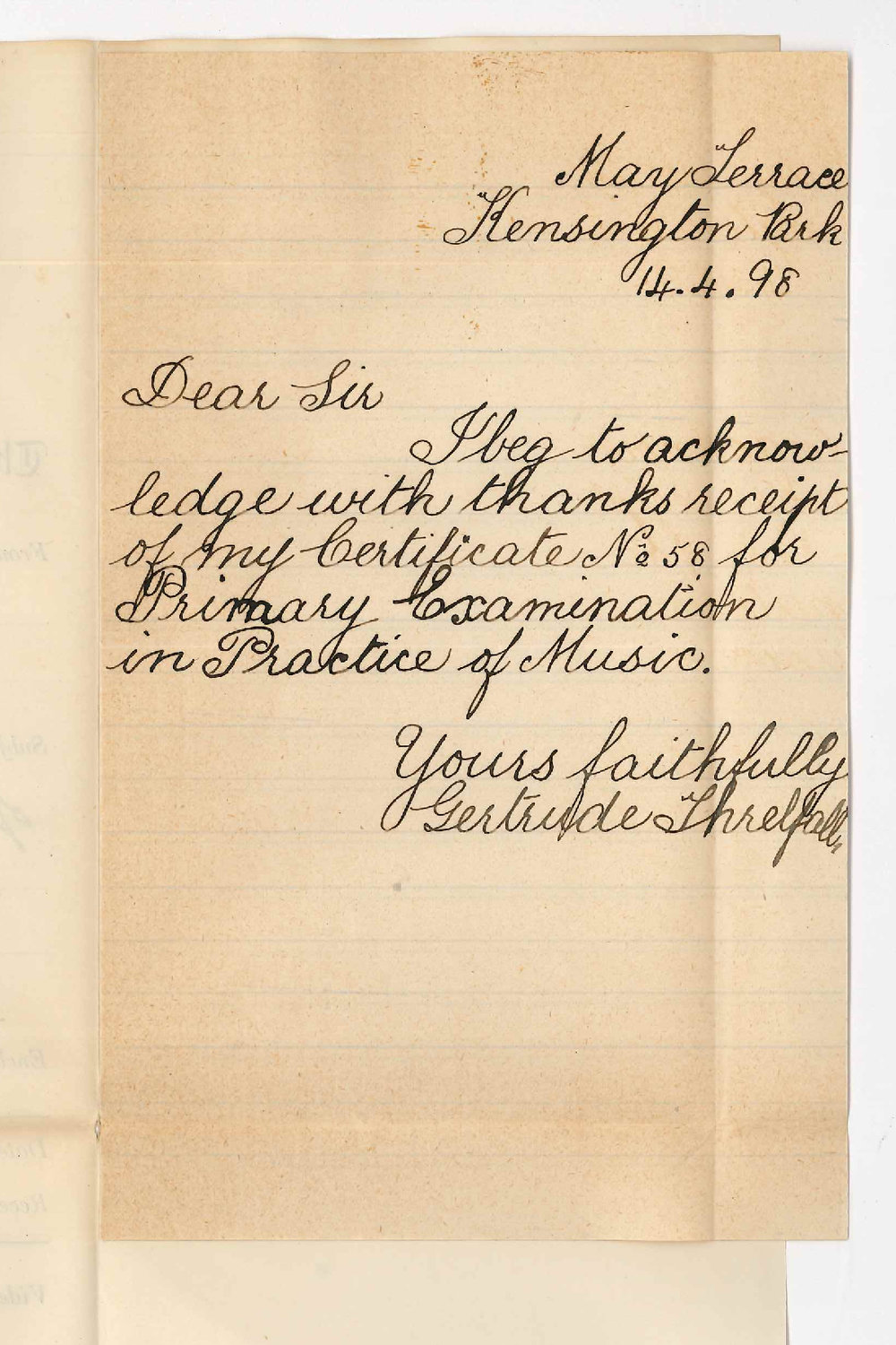 Gertrude Threlfall - Kensington Park - Acknowledges receipt of Certificate