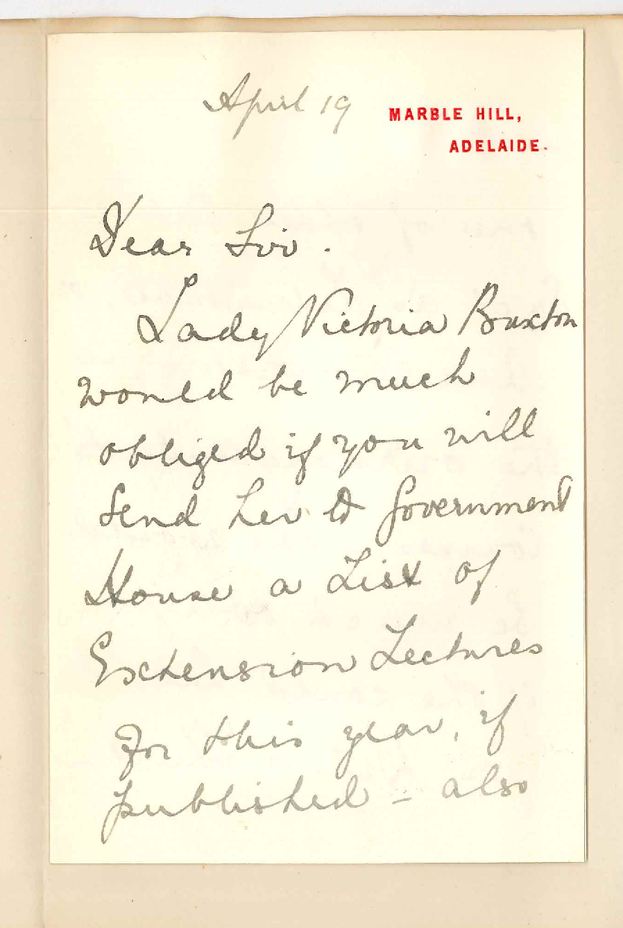 Lady Victoria Buxton - Government House - Extension Lectures