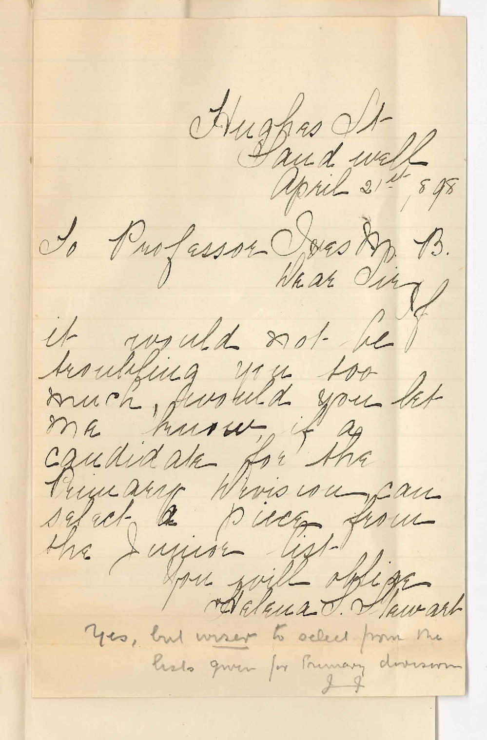 Miss Helena S Stewart - Sandwell - Information re Primary Examination