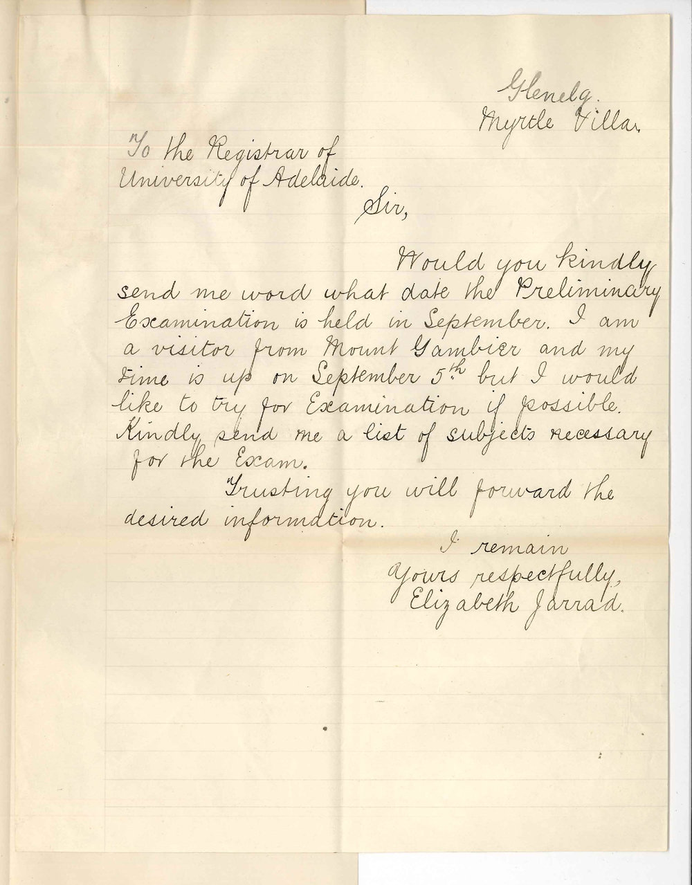 Miss Elizabeth Jarrad - Glenelg - Particulars of Preliminary Examination