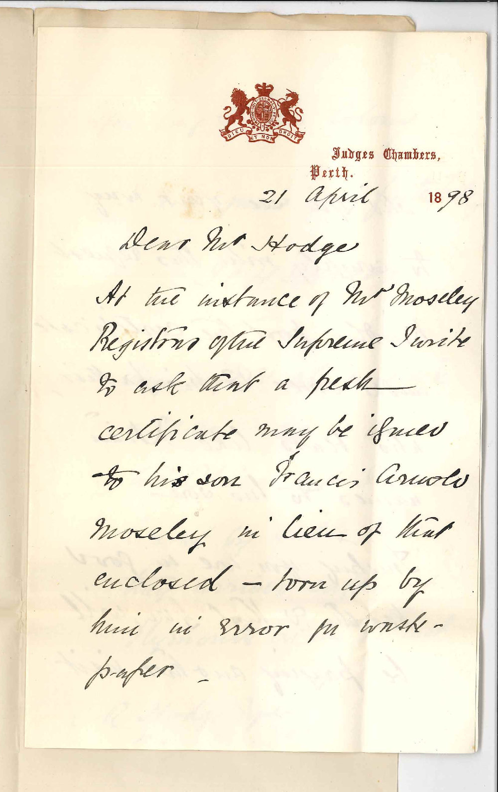 J C H James - Perth - Asks for duplicate Certificate Junior Examination F A Moseley