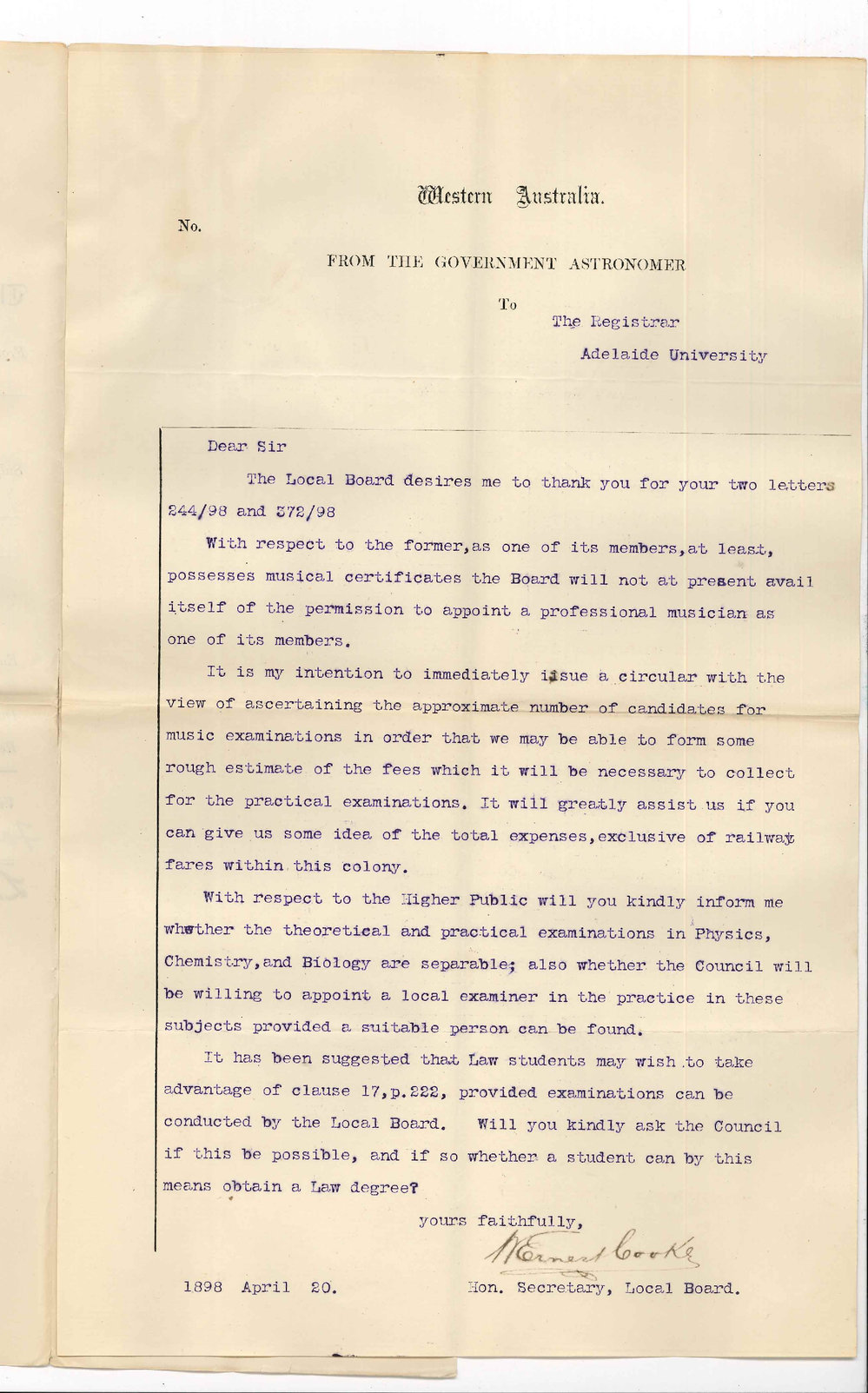 William Ernest Cooke - Perth - Concerning Local and Law Exams in Perth