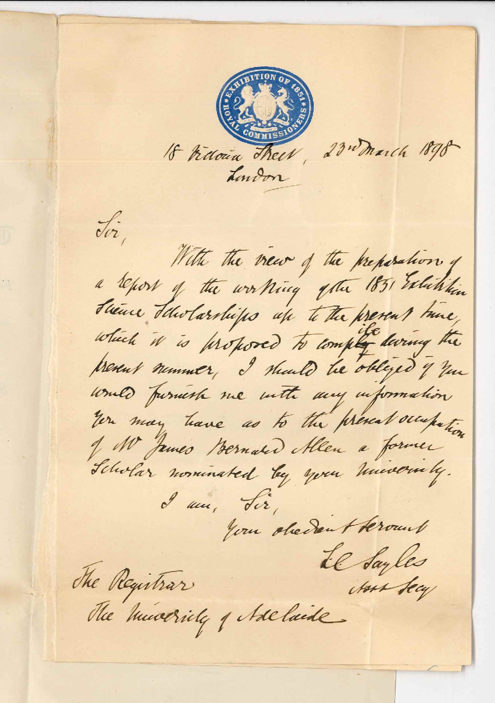 L C Sayles - Commissioner Exhibition 1851 - London - Asking for Report about James Bernard Allen