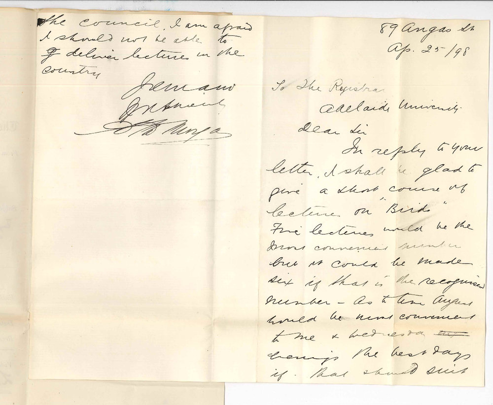 Dr A M Morgan - Adelaide - Will give course Extension Lectures on Birds