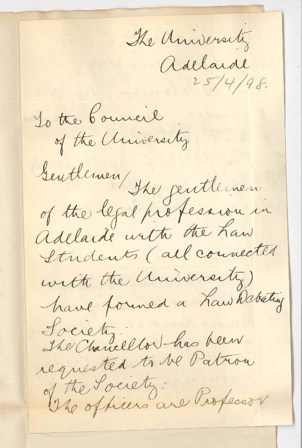 Judah Moss Solomon - Secretary Law Debating Society - Permission name Society University and asking use of room