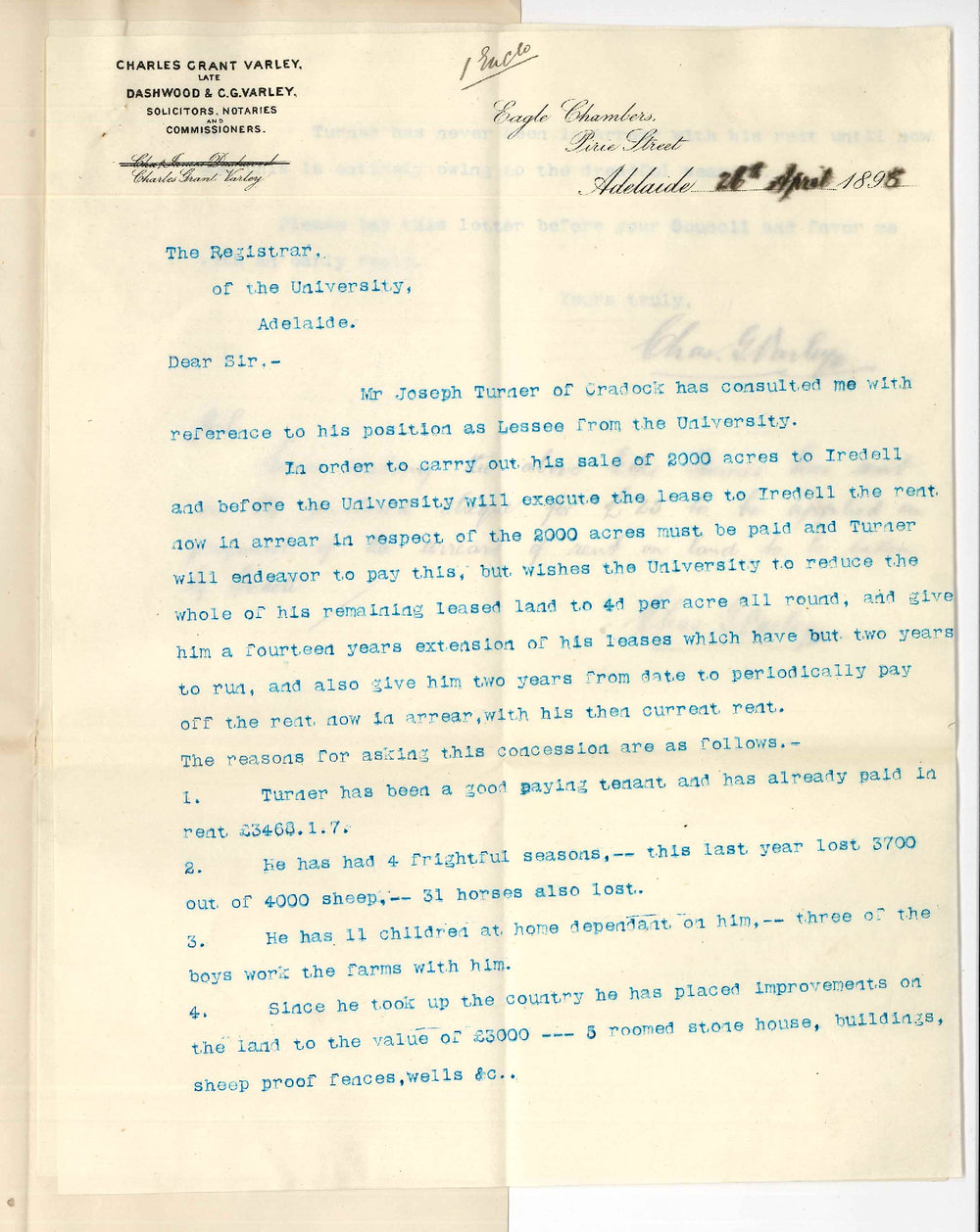 Charles Grant Varley - Adelaide - Joseph Turner and Wirrienda lands and rent