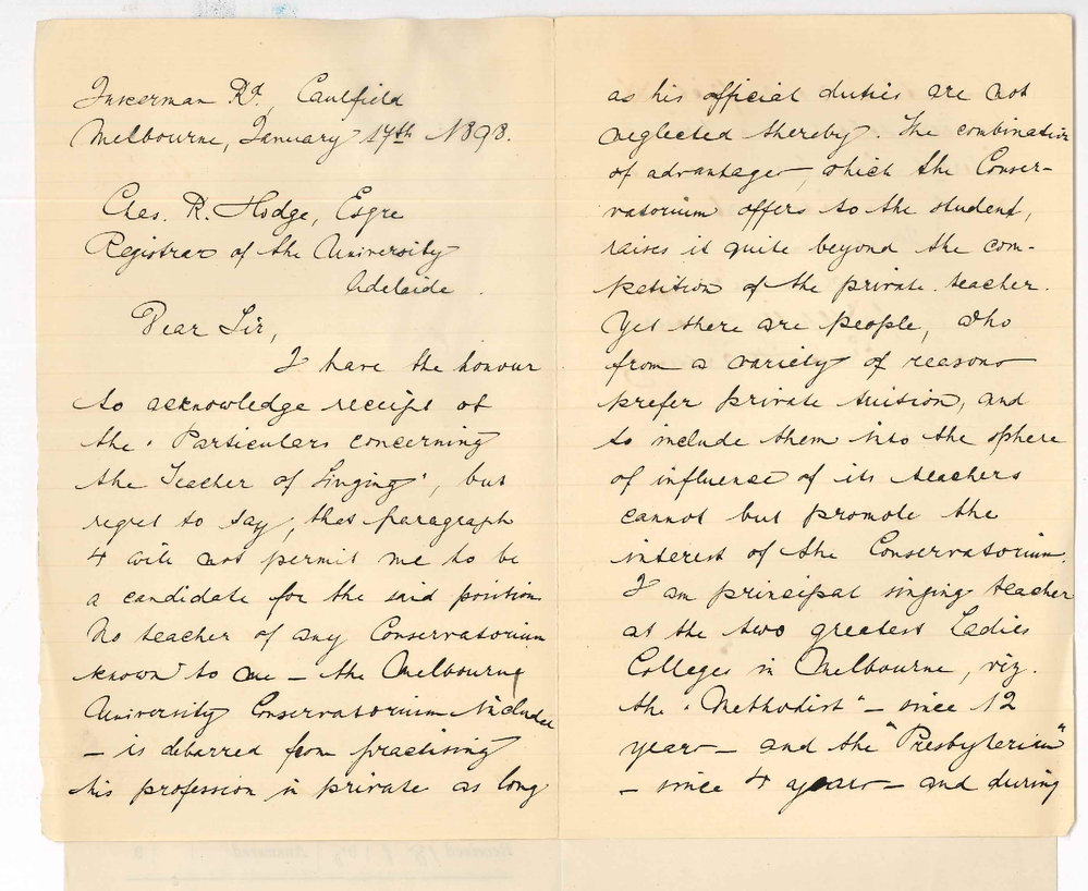 Ernest Harting - Caulfield Melbourne - Cannot become a Candidate for position of Teacher of Singing