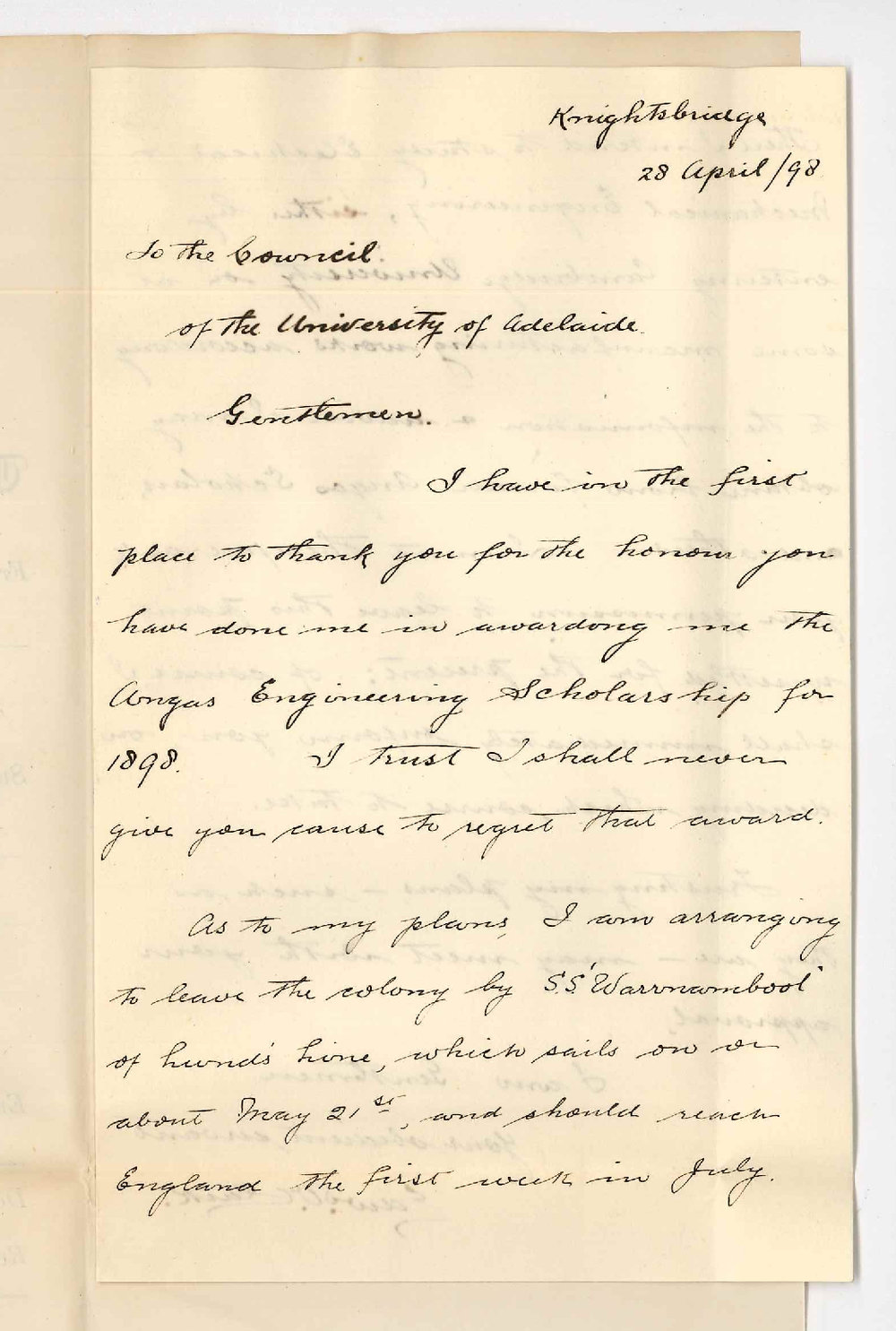 Edward Clark - Knightsbridge - Intentions as to course of study Angas Scholarship