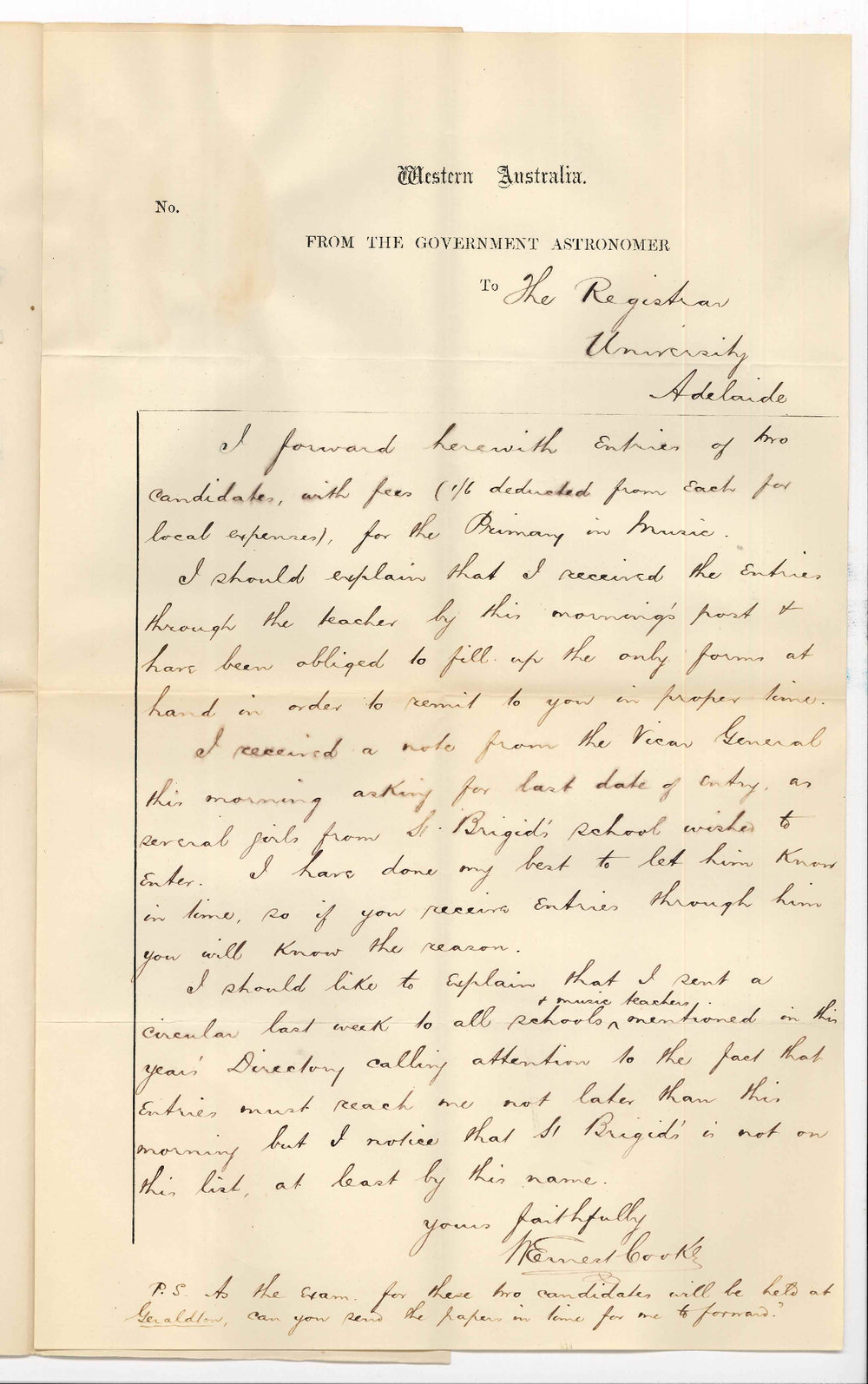 William Ernest Cooke - Honorary Secretary University Committee Perth - Primary Examination in Music